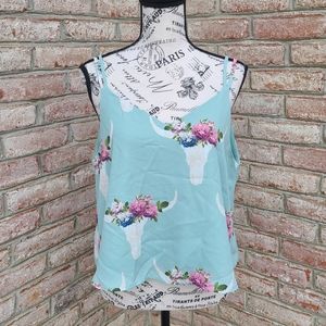Altar'd State Floral Bull Skull Crop Top - Aqua and Pink